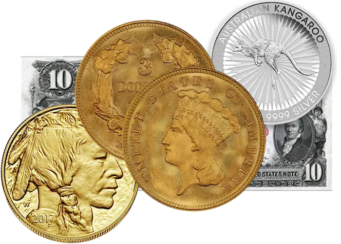 Collage of bullion silver and gold coins, numismatic and paper money.