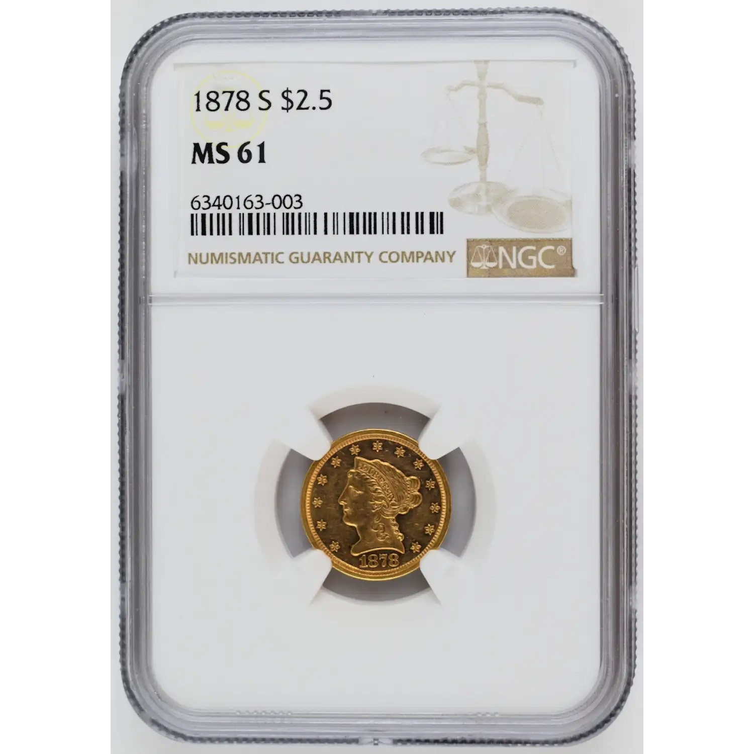 1878-S $2.50 Liberty Head Gold Quarter Eagle NGC MS-61