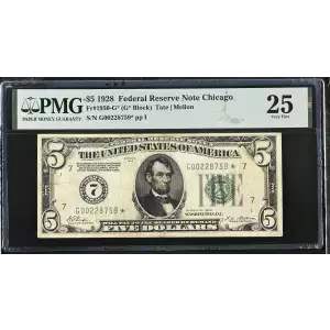 $5 1928 Green seal Small Size $5 Federal Reserve Notes 1950-G*