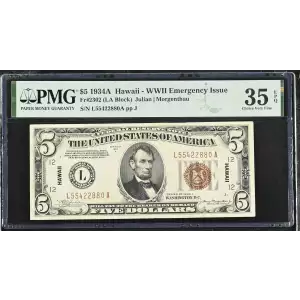 $5 1934-A brown seal Emergency Notes Issued During WW2 2302