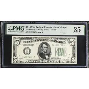 $5 1928-A. Green seal Small Size $5 Federal Reserve Notes 1951-G
