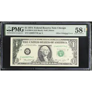 $1 1974 Green seal. Small Size $1 Federal Reserve Notes 1908-G