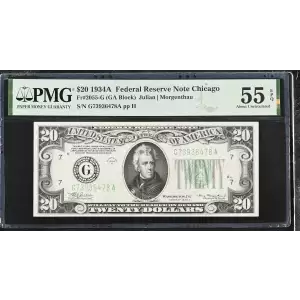 $20 1934-A. blue-Green seal. Small Size $20 Federal Reserve Notes 2055-G